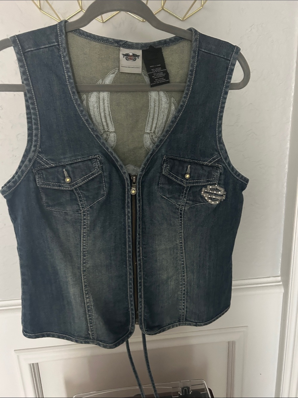 Harley-Davidson Women's Blue Denim Zip Vest with Embellished Patch